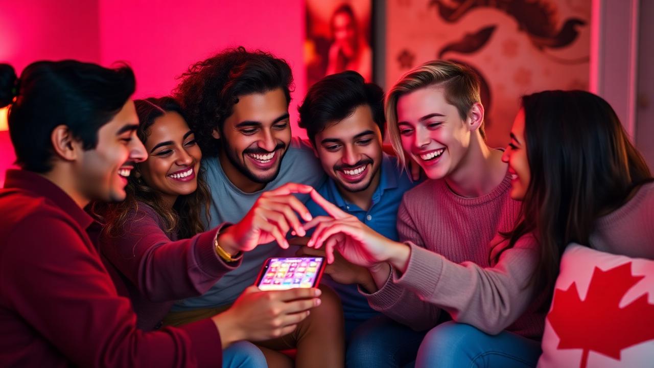 A group of friends laughing and gathered around a phone running a MegaBonanza social casino slot
