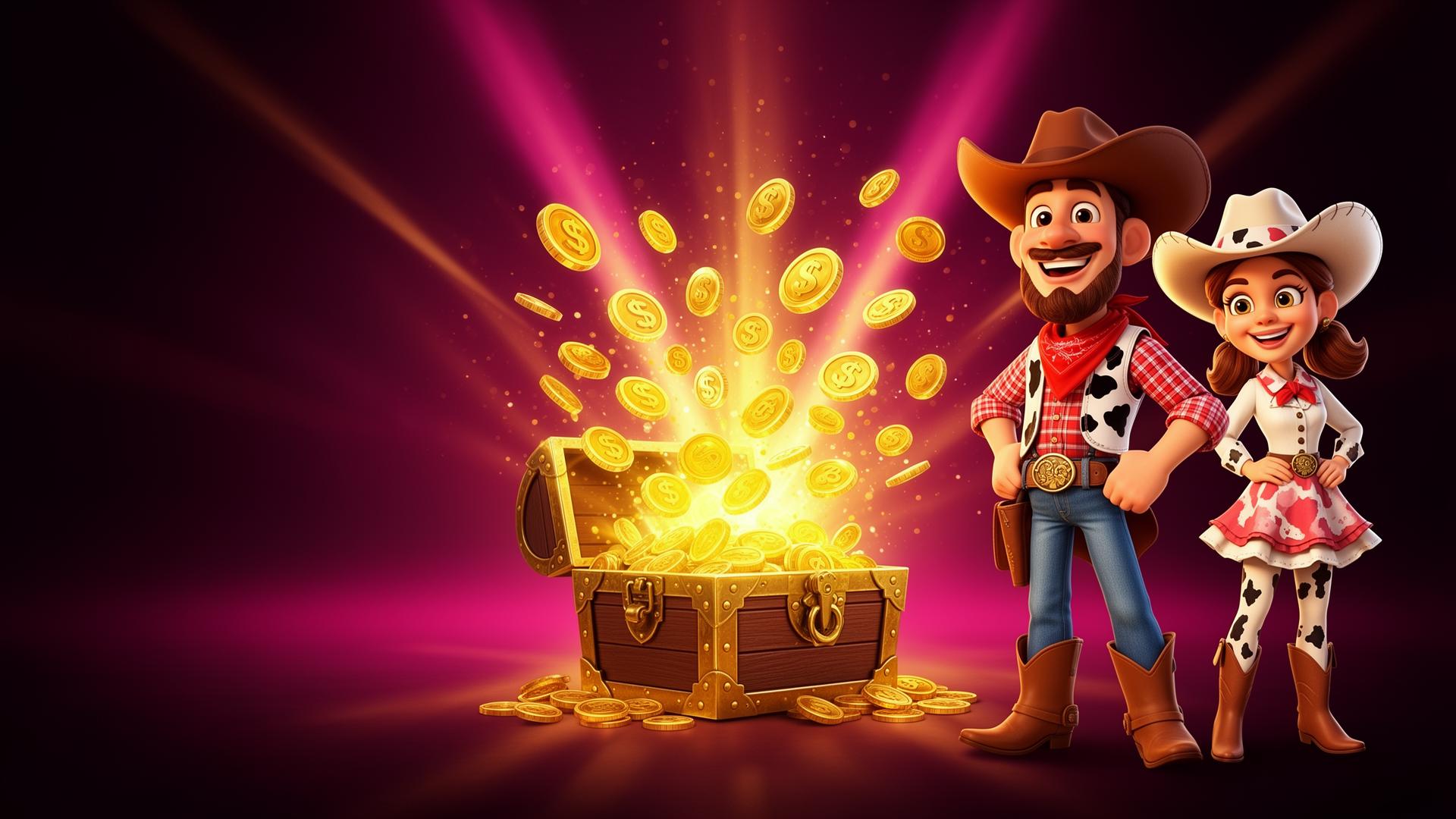 MegaBonanza social casino welcome — golden coins, treasure chest and friendly cowboy hosts